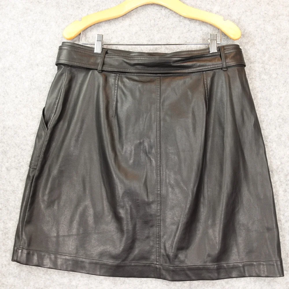 Y2K Black‎ Vegan Leather Skirt 12 Belted Rocker Downtown Girl Preppy ANN TAYLOR